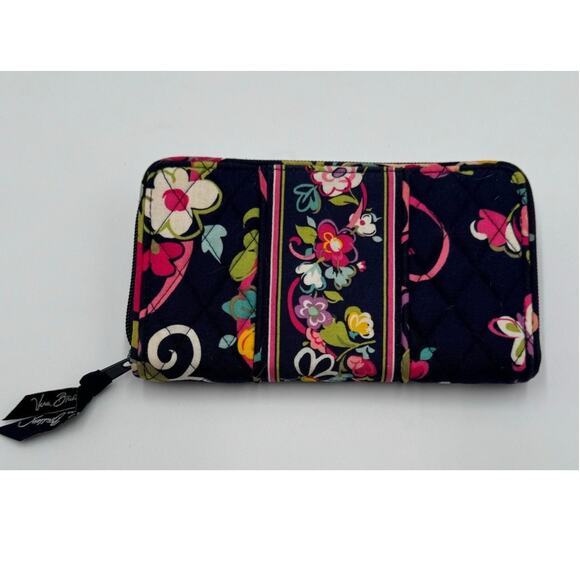 Vera Bradley Accordion Wallet Navy Blue Ribbon Floral Print Retired 2012 - Picture 2 of 11